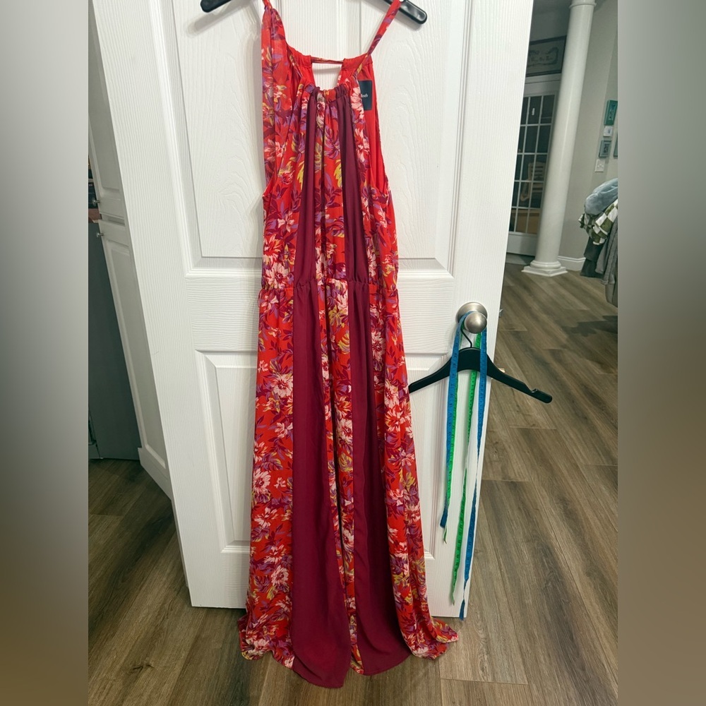 ModCloth Illuminated Elegance Chiffon Pink Orange Floral Printed Maxi Dress M - Picture 2 of 6
